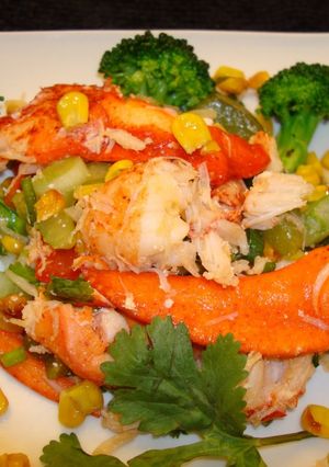 A picture of Lobster with roasted corn salad.