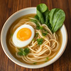 A picture of Udon Noodles with Bok Choy and Egg.