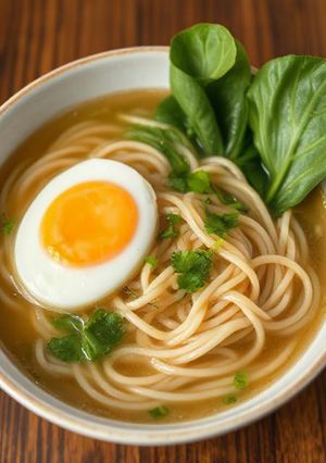 A picture of Udon Noodles with Bok Choy and Egg.