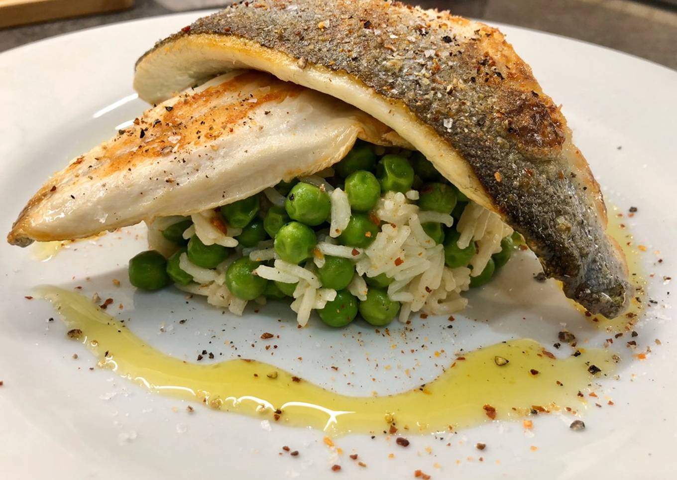 Sea Bass, Sambal Udang Bercili rice with peas