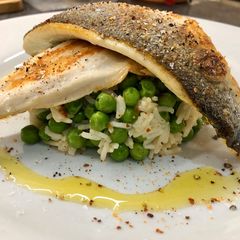 A picture of Sea Bass, Sambal Udang Bercili rice with peas.