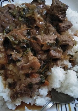 A picture of Stewed beef with rice.