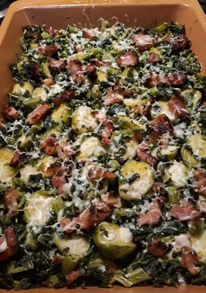 A picture of Roasted Kale and Brussel Sprouts.