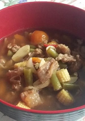 Foto resep Asem2 tetelan sapi dengan sayur Wortel, buncis, jagung muda (tidak pake minyak)