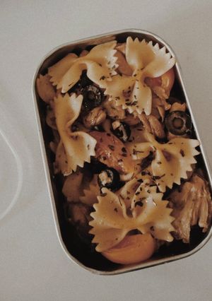 A picture of Farfalle (bow tie) Oyster Mushroom Pasta w/ olives & Tomato 🍅.