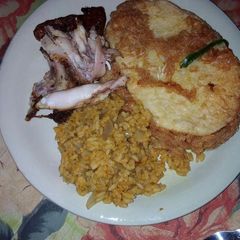 A picture of Yam frettas, rice and Oven baked  Shredded chicken.