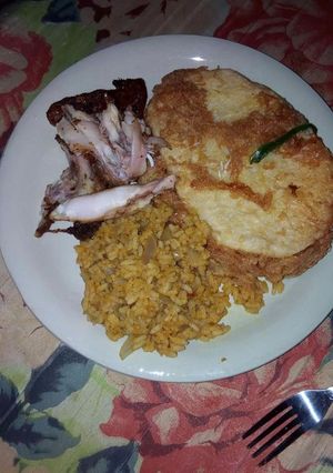 A picture of Yam frettas, rice and Oven baked  Shredded chicken.