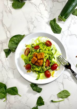 A picture of Avocado pesto zoodles.