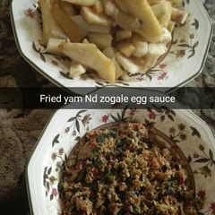 A picture of Fried yam and zogale egg sauce.