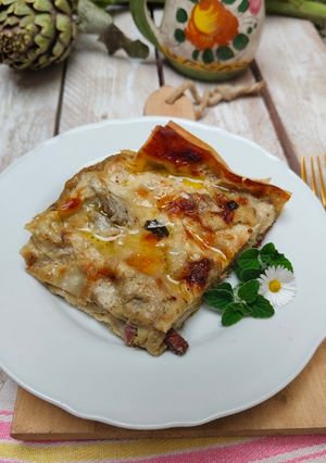 A picture of Lasagna with Artichokes, Speck, and Mint.