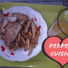 A picture of Chips and eggs with orange juice.