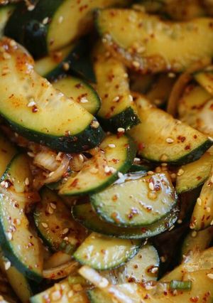 A picture of Spicy cucumber side dish 오이무침.
