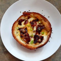 Bagel Egg Boat with Candied Bacon A picture of Bagel Egg Boat with Candied Bacon.