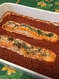 Pavés de saumon à l'aneth, crème de poivrons et radis