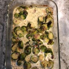 Creamy brussel sprouts with bacon A picture of Creamy brussel sprouts with bacon.