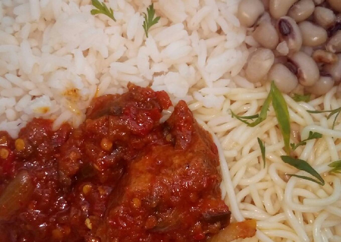 Rice,beans,spaghetti and stew