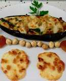 Berenjena rellena de verduras con frutos secos y galletas de queso con albaricoques