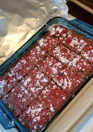 A picture of Cherry Rhubarb Cream Cheese Shortbread Dessert Bars.