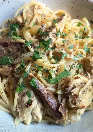 A picture of Canned Mackerel & Spaghetti Aglio Olio e Peperoncino.