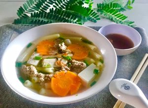 Hình của món Nui nấu thịt bằm tàu hủ non.