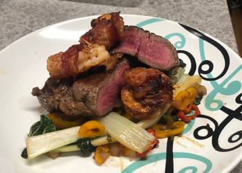Easiest Way to Make Appetizing Filet Mignon w Baconwrapped Shrimp over Spiced Bok Choy