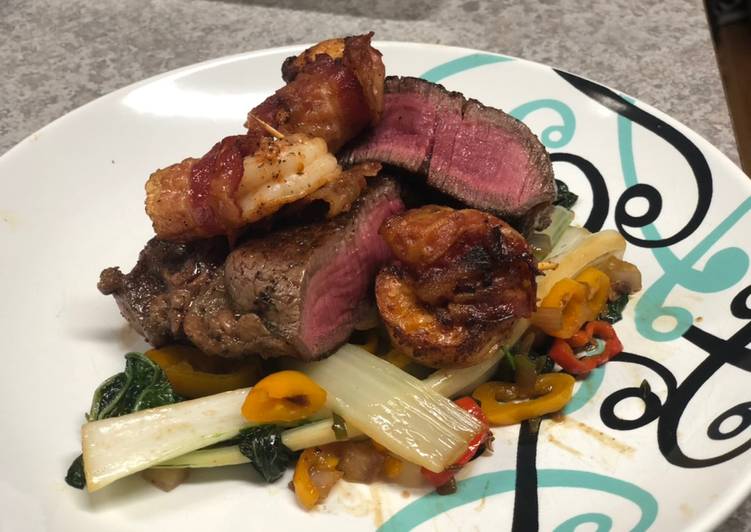 Step-by-Step Guide to Prepare Perfect Filet Mignon w/ Bacon-wrapped Shrimp over Spiced Bok Choy