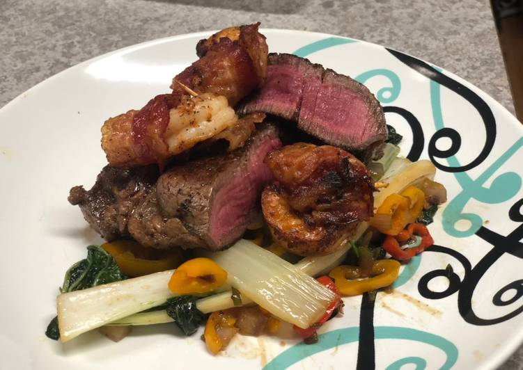 Easiest Way to Prepare Quick Filet Mignon w/ Bacon-wrapped Shrimp over Spiced Bok Choy