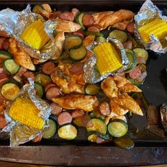 Sheet pan barbecue chicken and sausage A picture of Sheet pan barbecue chicken and sausage.