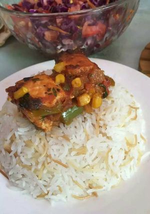 صورة لوصفة تبسي سلمون مع رز بالشعريه