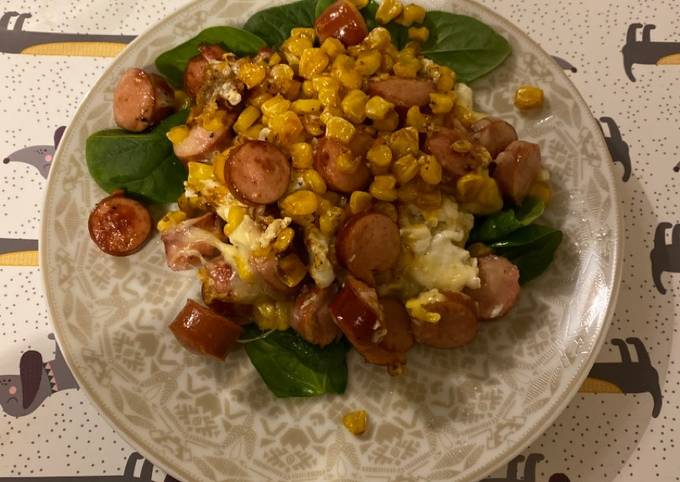 Lazy dinner sausages and corn Recipe