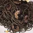 Espaguetis integrales con gambas y tinta de calamar