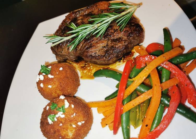 How to Prepare Any-night-of-the-week Rosemary Beef Picanah, Mash potato balls with Veggie stir fry