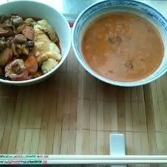 A picture of Japanese scrambled eggs smoke pork sausage twist chilli.