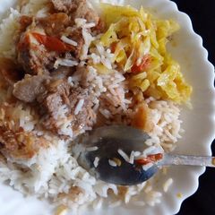 Rice beef and fried cabbage A picture of Rice beef and fried cabbage.