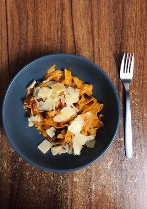 O poză a rețetei Paste cu bacon, ciuperci și parmezan 🥓🍄🧀.
