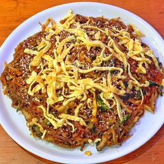 A picture of Japchae (Sweet potato starch noodles).