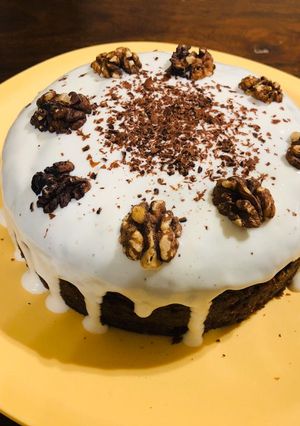 A picture of Coffee Walnut cake with Greek yogurt frosting.