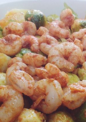 A picture of Brussel Sprouts & Prawns.