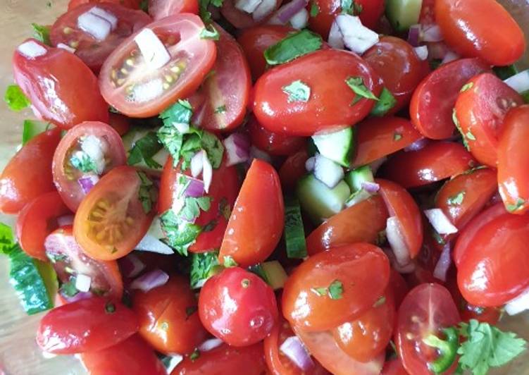 Easiest Way to Prepare Perfect Baby plum tomato, cucumber, onion, chilli & coriander salad