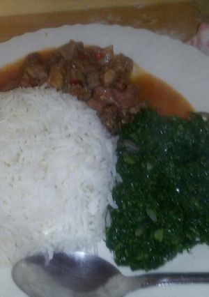 A picture of Matumbo, Rice and kale.
