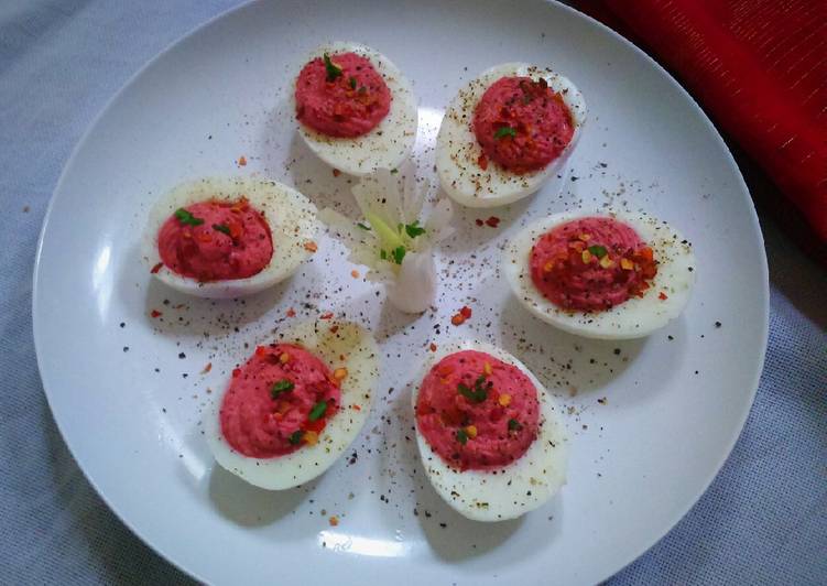 Steps to Make Speedy Deviled Eggs with Beetroot Hummus