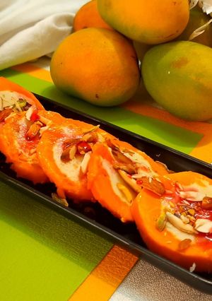 A picture of Stuffed mango malai kulfi.