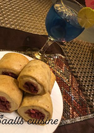 A picture of Beef sausage roll and electric lemonde.