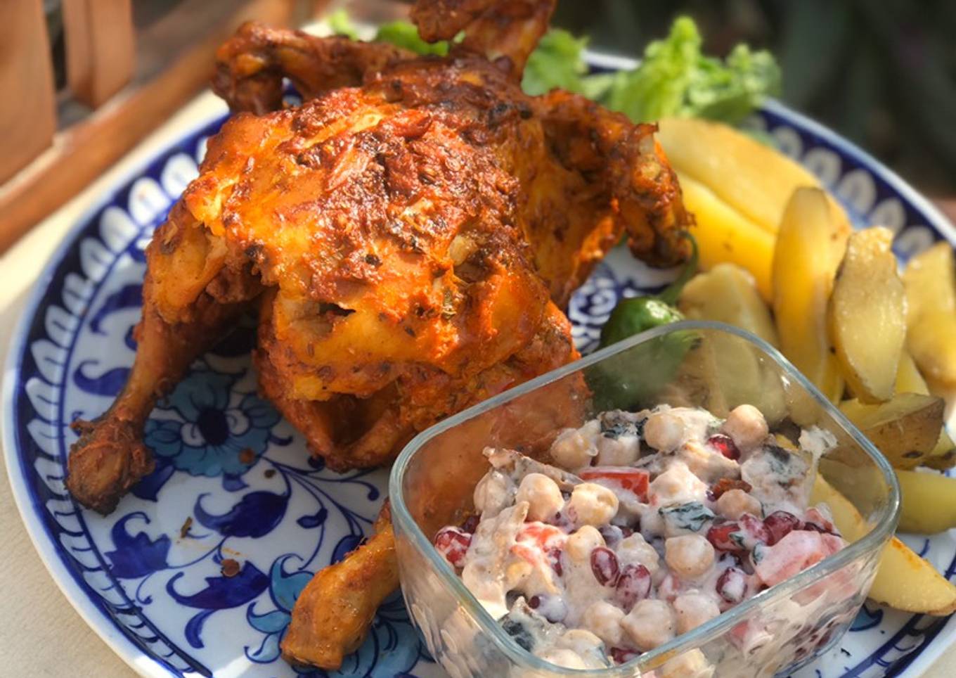 Grilled tandoori chicken with grilled potatoes