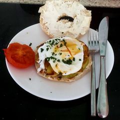 A picture of My Bagel + Avocado, Tomato, Poached Egg, Cream Cheese.