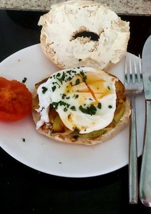 A picture of My Bagel + Avocado, Tomato, Poached Egg, Cream Cheese.