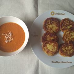 A picture of Potato patties with tomato soup. #allstarsrecipecontest.