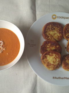A picture of Potato patties with tomato soup. #allstarsrecipecontest.