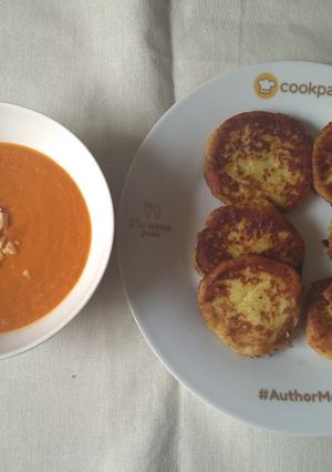 A picture of Potato patties with tomato soup. #allstarsrecipecontest.