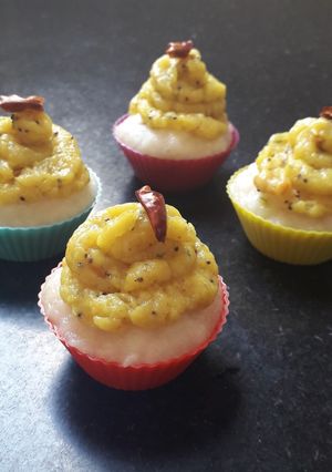 A picture of Rava idli cup cake with masala aloo frosting.